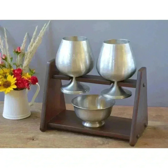Josten's Pewter Goblets & Stand Paul Revere Reproduction Nut Bowl barware gift - Picture 1 of 5